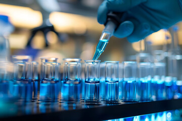 Scientist Handling Blue Liquid in Test Tubes at the Lab, scientific research, making this image ideal for illustrating laboratory work, research, or educational content.