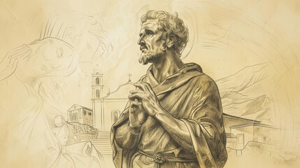 Fototapeta premium St. Stephen the Martyr in Martyrdom, 1st-Century Church, Biblical Illustration, Beige Background, Copyspace