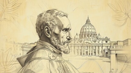 Fototapeta premium St. Robert Bellarmine in Scholarly Setting, Vatican, Biblical Illustration, Beige Background, Copyspace