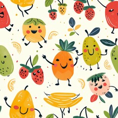 whimsical seamless pattern of fruit characters with smiley faces
