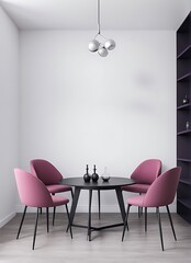  Dining room in white and accent pink colors chairs. Mauve and violet with black shelves details. Minimalistic trend design. Modern room with empty walls. Menu template or blank scene. 3d rendering 