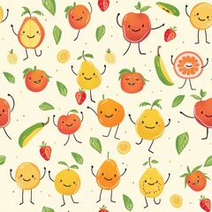 whimsical seamless pattern of fruit characters with smiley faces