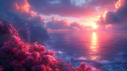 An ultra HD view of a nature cliff at sunrise, the sky and sea glowing with vibrant colors