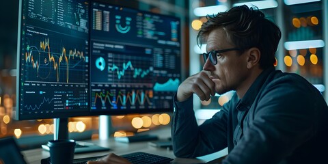 Investor Reviewing Dynamic Performance Data on Cutting Edge Digital Dashboard for Financial Planning and Decision Making