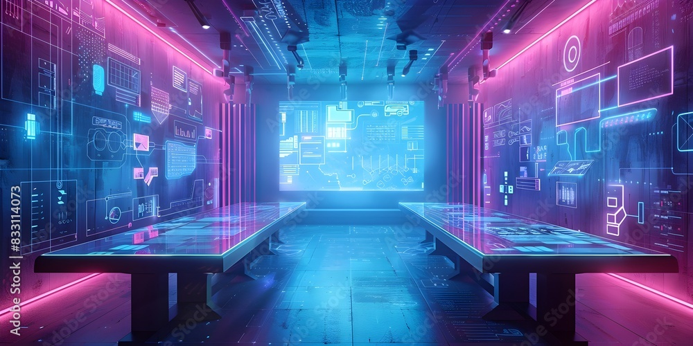 Poster futuristic high tech interactive learning space with augmented reality displays and digital interfac