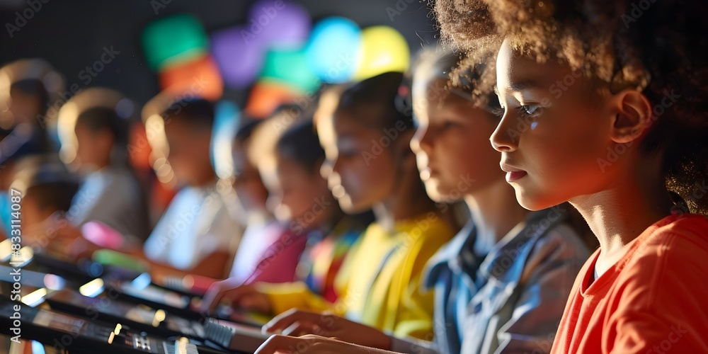 Aufkleber music classroom with students composing on tablets for creative and dynamic learning experience