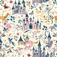 seamless pattern of storybook castles, unicorns, and princess characters
