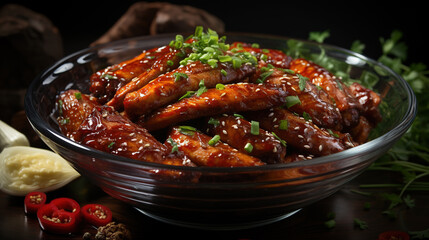 Delicious Marinated Chicken Claws In Bowl Garnished With Leafy Greens On Blurry Background