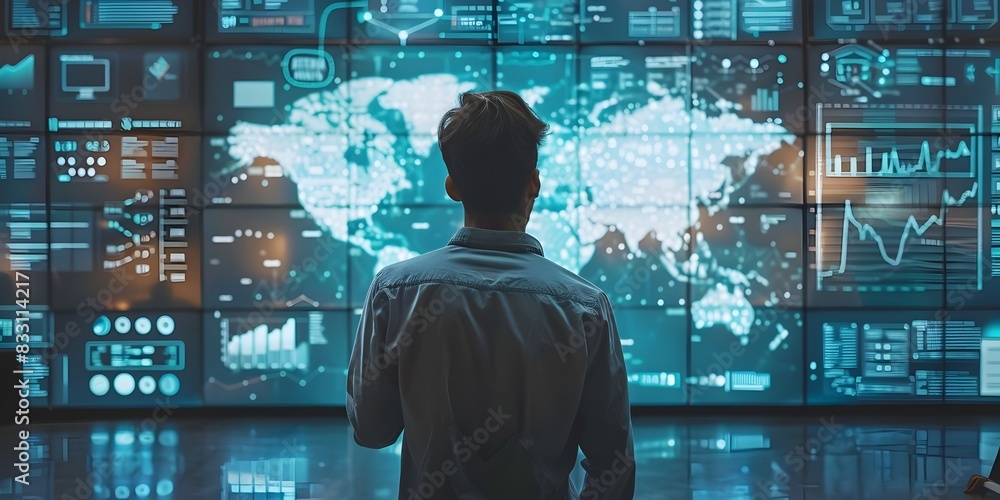 Poster global finance and business analytics dashboard on interactive smart board for modern education and 