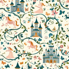 seamless pattern of storybook castles, unicorns, and princess characters
