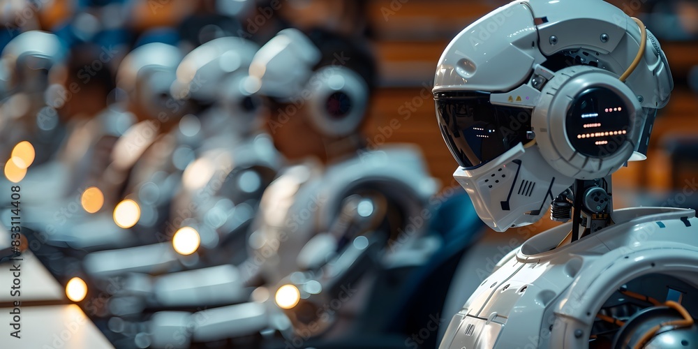Poster powered language classroom with futuristic robotic tutors assisting students in pronunciation and gr