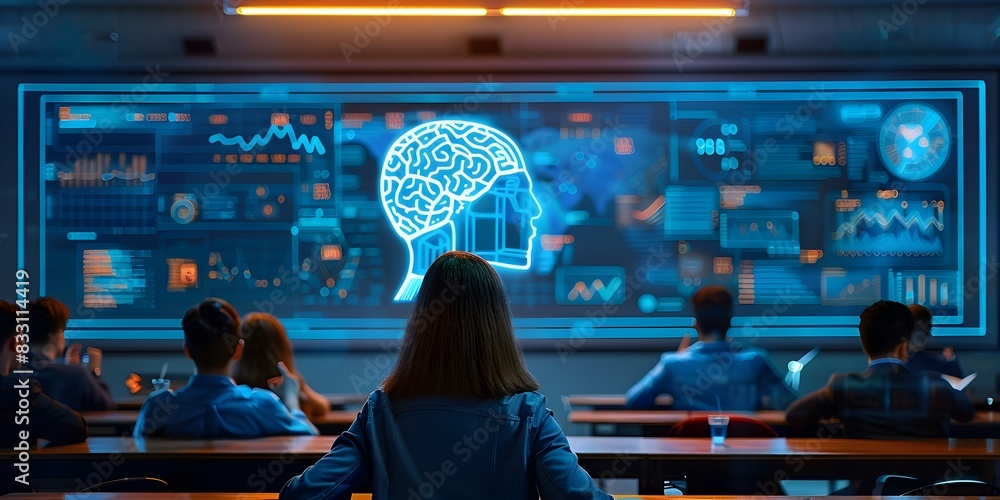 Poster futuristic language class with tutors assisting students in pronunciation and grammar