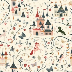 Naklejka premium seamless pattern of storybook castles, unicorns, and princess characters