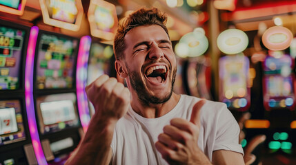 A Man Rejoicing After Winning on Casino Slot Machine
