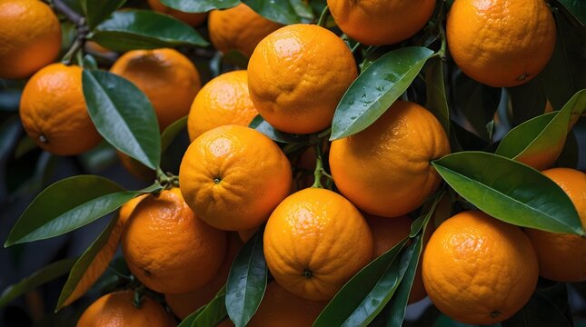 Orange trees with ripe fruits. Bloomy orange garden.