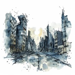 Watercolor painting of a post-apocalyptic wasteland, with crumbling buildings and toxic skies, on isolated white background, Generative AI