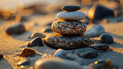 Focused Selectively A Vibrant Balance Zen Stones In Sand Background