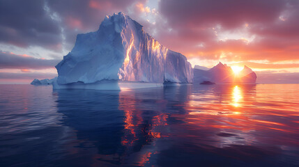 An ultra HD view of a nature iceberg at sunrise, the sky and water glowing with vibrant colors