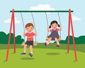 cute little kids boy and girl swinging and having fun on rope wooden swing in playground