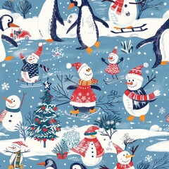 seamless pattern of festive winter wonderland scene with penguin and snowman