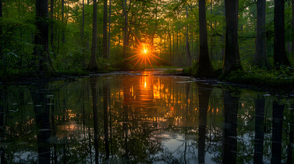 Obraz premium An ultra HD view of a nature swamp at sunrise, the light filtering through the trees and illuminating the water