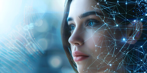 Digital Human Face with Network Connections.   Artificial Intelligence Conceptual Art