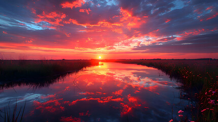 An ultra HD view of a nature water hole at sunrise, the sky glowing with vibrant colors and the water reflecting the light