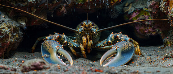 American lobster hiding in underwater cave