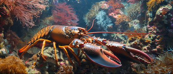 American lobster among coral and algae