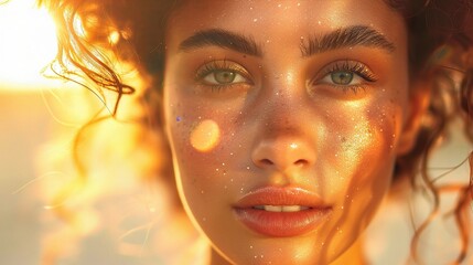 Warm sunlight highlights the dewy, fresh skin texture of a woman's face.