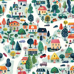 seamless pattern of village houses, trees, and vehicles