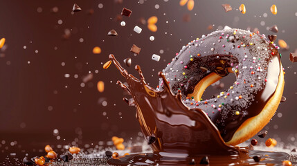 delicious chocolate donut with liquid chocolate and sprinkles explosion donut advertisement banner with copy space for text, promotion advertising background 