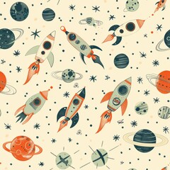 seamless pattern of retro futuristic with aliens, rocky planets, and rocket ships