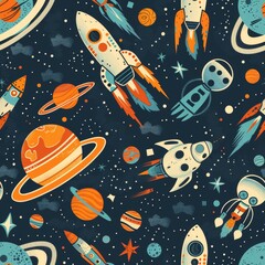 Naklejka premium seamless pattern of retro futuristic with aliens, rocky planets, and rocket ships