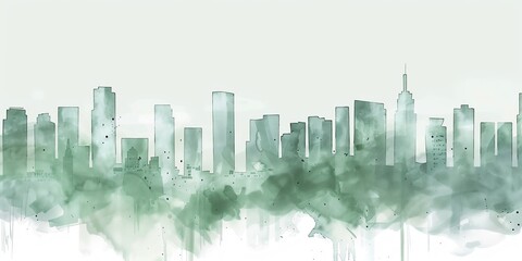Green watercolor city skyline.