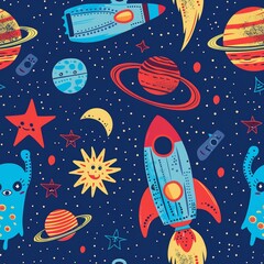 Naklejka premium seamless pattern of retro futuristic with aliens, rocky planets, and rocket ships
