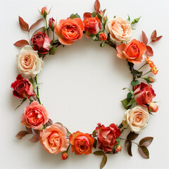 Rose flowers crown frame on white background, space in the middle