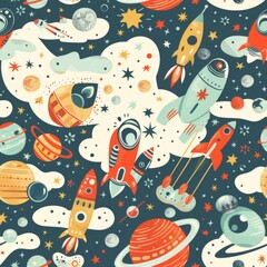 Naklejka premium seamless pattern of retro futuristic with aliens, rocky planets, and rocket ships
