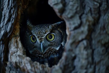 Curious owl peeking out of a hollow tree trunk at night