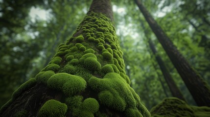 A realistic moss-covered tree trunk in a dense forest, with the moss vivid and wet, enhancing the feel of an unexplored natural landscape.