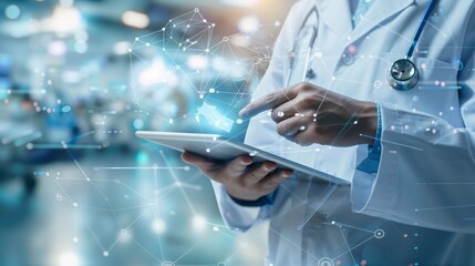 Medicine doctor or medical students with stethoscope using digital tablet laptop,Health Check with digital system support for patient with medical icon at hospital, Medical network technology concept.