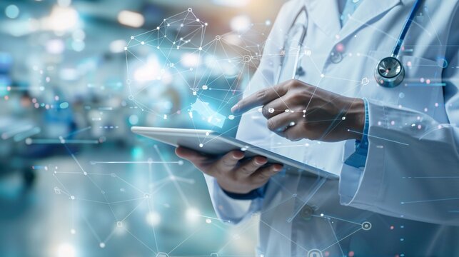 Medicine doctor or medical students with stethoscope using digital tablet laptop,Health Check with digital system support for patient with medical icon at hospital, Medical network technology concept.