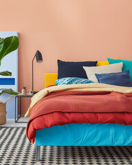 Multicolor modern bedroom interiors with minimalist decor, a bed and cosy elements. Interiors composition with minimal furniture and copy space
