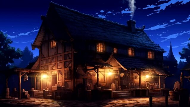 Medieval tavern exterior at night. Looping time-lapse animation background