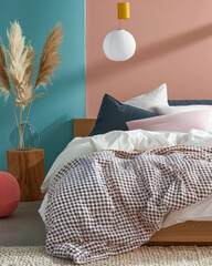 Multicolor modern bedroom interiors with minimalist decor, a bed and cosy elements. Interiors composition with minimal furniture and copy space