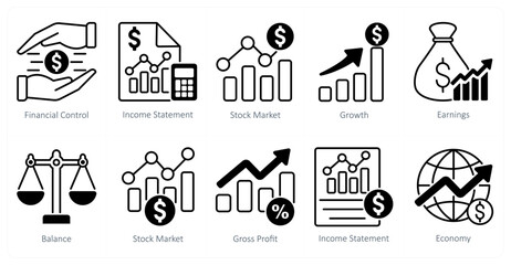 A set of 10 banking icons as financial control, income statement, stock market