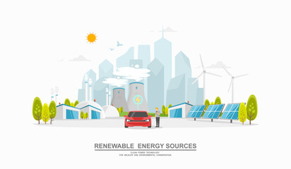 Caring for the environment and using clean green energy from renewable energy sources low carbon concept, Technology for a sustainable environment, Power generation system industry on city background © Apisit