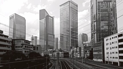 A cityscape with tall buildings and a train running through the middle. Scene is one of urban life and movement