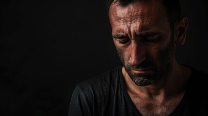 Obraz premium Sad man in portrait against black backdrop with room for text