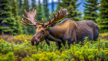 Moose in Velvet feeding in the wilderness